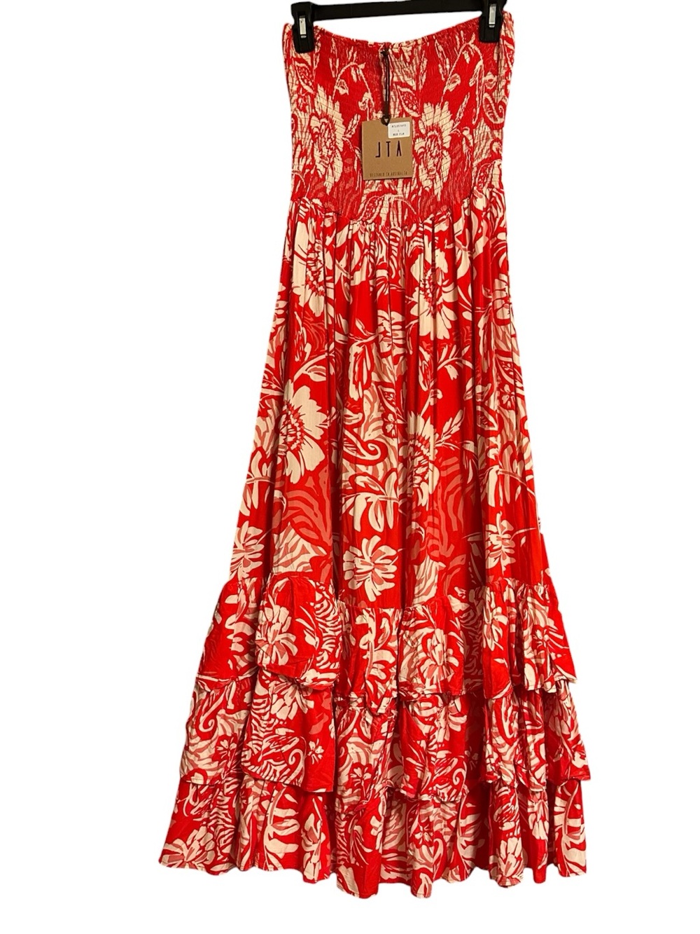 JTA Red Strapless Floral Tiered Maxi Dress